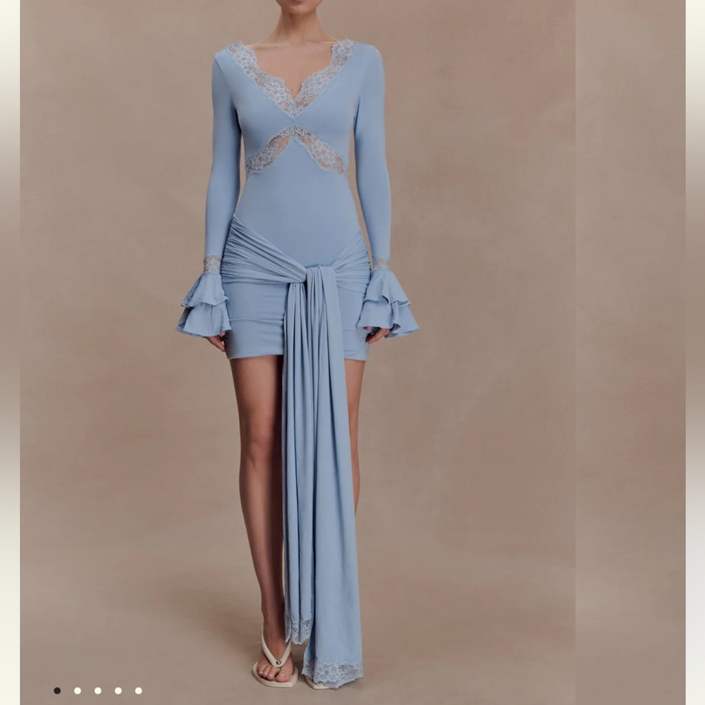 Meshki Powder Blue Lace-Trim Long-Sleeve Mini Dress with Draped Tie